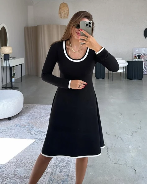 Kadın Uzun Kollu Yuvarlak Yaka Midi Viskon Iki Iplik Elbise ürün görseli