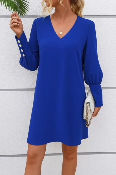 Kadın Uzun Kollu V Yakalı Kısa Ithal Krep Elbise ürün görseli