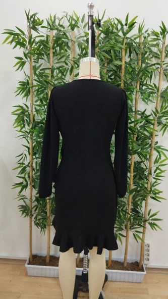 Kadın Uzun Kollu Bisiklet Yaka önden Volanlı Ithal Krep Elbise - Resim 8