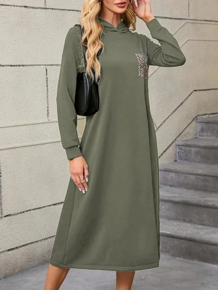 Kadın Uzun Kollu Kapşonlu Cep Detaylı Viskon Iki Iplik Maxi Elbise - Resim 3