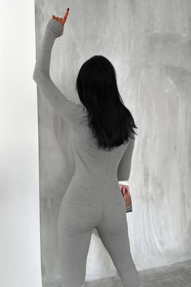 Kadın Uzun Kollu V Yaka Baş Parmak Geçirmeli Detay Kaşkorse Tulum - Resim 2