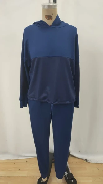 Kadın Uzun Kollu Kapşonlu Viskon Iki Iplik Bluz Ve Pantolon Ikili Takım - Resim 4