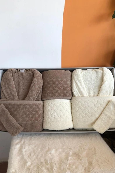 Şazeli 8 Parça Aile Bornoz Takımı Krem Kahve