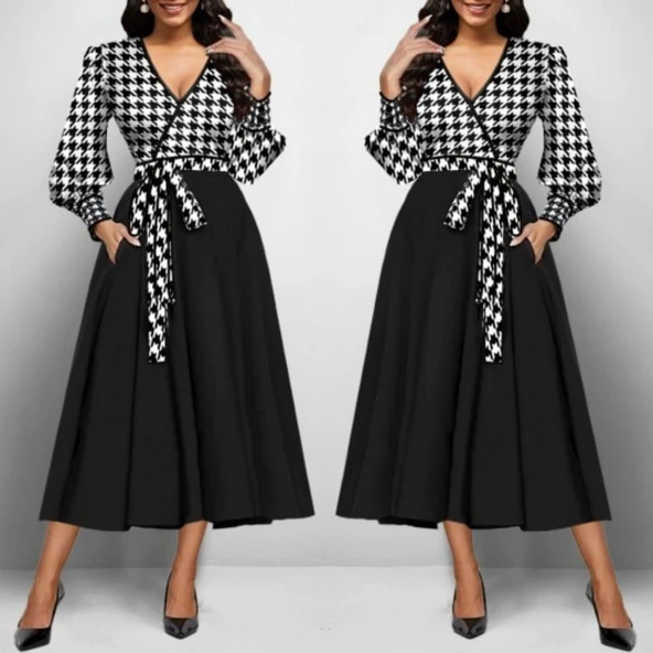 Kadın Uzun Kollu Kruvaze Yaka Dalgıç Krep Midi Boy Elbise - Resim 2