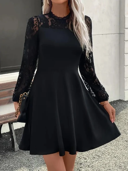 Kadın Uzun Kollu Dantelli Kloş Mini Ithal Krep Elbise ürün görseli