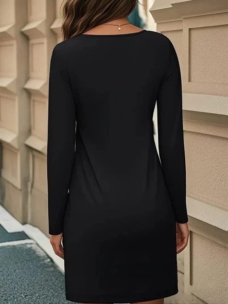 Kadın Uzun Kollu Bisiklet Yaka çiçek Desenli Mini Dalgıç Elbise - Resim 3