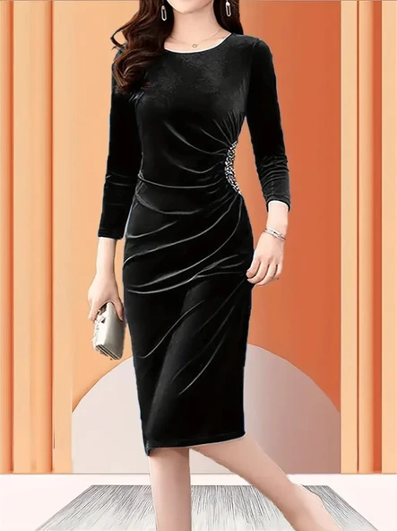 Kadın Uzun Kollu Bot Yaka Yanı Taş Detaylı Midi Kadife Elbise - Resim 2