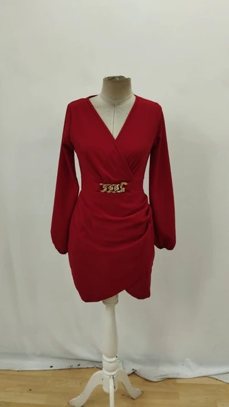 Kadın Uzun Kollu Kruvaze Yaka Yandan Büzgülü Asimetrik Detaylı Ithal Krep Mini Elbise - Resim 7