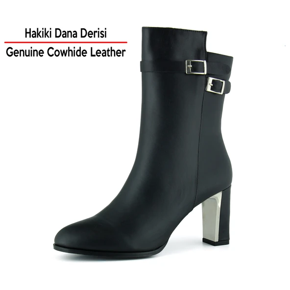 Erkan Saçmacı Siyah Hakiki Dana Derisi Tokalı Fermuarlı Sivri Burun Kalın Topuklu Günlük Yarım Çizme - 7