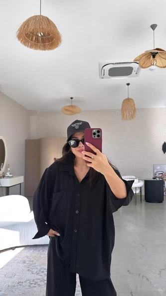 Kadın Flamlı Keten Tek Cep Oversızed Gömlek - Resim 3