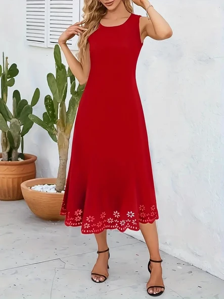 Kadın Kolsuz Etek Ucu Lazer Kesim çiçek Desenli Midi Boy Ithal Krep Elbise - Resim 3