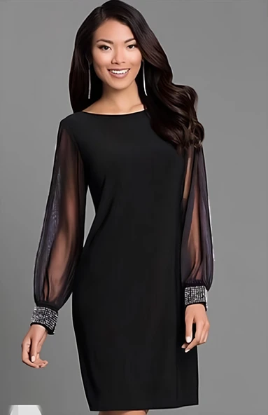 Kadın Uzun Kollu Yakası Yanlardan Hafif Açık Kollar Tül Ve Taş Detay Kısa Krep Elbise - Resim 3