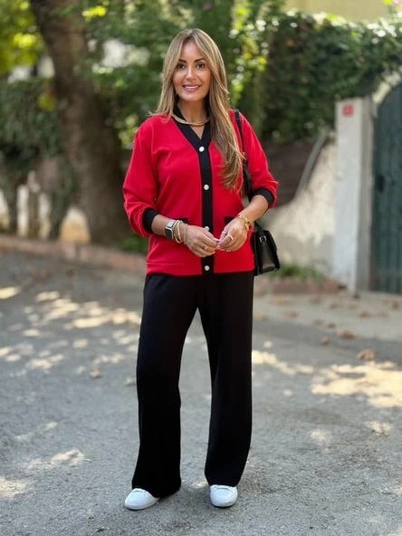 Kadın Uzun Kollu Ribanali Cep Detay Hırka Ve Bol Paça Pantolon Ikili Takım - Resim 2