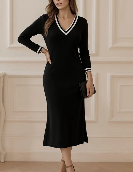 Kadın Uzun Kollu V Ribana Yakalı Yanlardan Yırtmaçlı Midi Viskon Iki Iplik Elbise - Resim 9