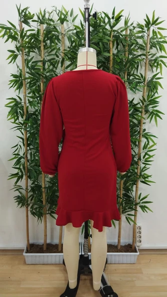 Kadın Uzun Kollu Bisiklet Yaka önden Volanlı Ithal Krep Elbise - Resim 8