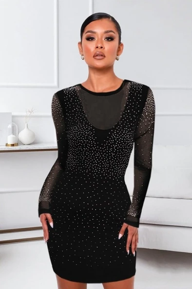 Kadın Uzun Kollu Yuvarlak Yaka Dekolteli Taşlı Dalgıç Elbise - Resim 4