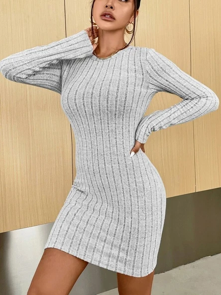 Kadın Uzun Kollu Bisiklet Yaka şardonlu Kalın Fitilli Kaşkorse Mini Boy Elbise - Resim 6