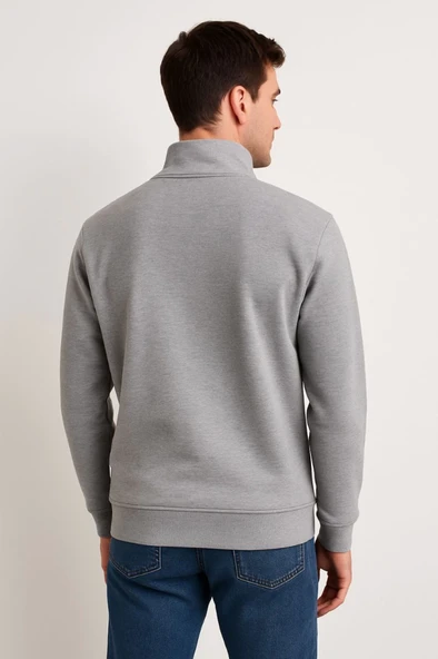 Erkek Dik Yaka Sweatshirt Dik Yaka Yarım Fermuarlı 3 İplik Şardonlu Pamuk Kumaş - Gri - Resim 2