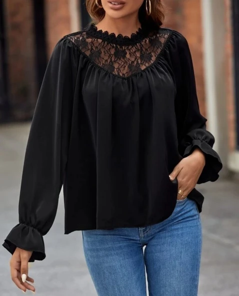 Kadın Uzun Kollu Dantelli Salaş Sandy Bluz - Resim 5