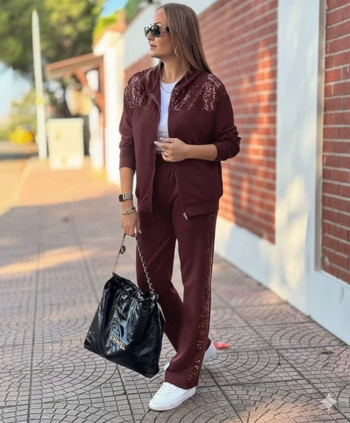 Kadın Uzun Kollu önden Fermuarlı Pul Payetli Alt üst Viskon Iki Iplik Takım - Resim 4