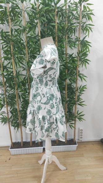 Kadın Kısa Fırfır Kollu Kruvaze Yaka çiçekli Atlas Elbise - Resim 5