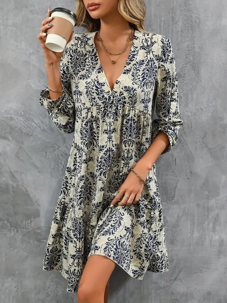 Kadın Uzun Kollu V Yakalı Fırfırlı Mini Süprem Elbise - Resim 4