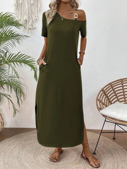 Kadın Tek Omuzdan Açık Toka Detaylı Yandan Yırtmaçlı Maksi Boy Viskon Elbise - Resim 6