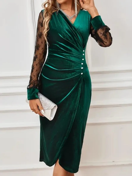 Kadın Uzun Kollu Kruvaze Yakalı Yandan Düğmeli önden çapraz Kesin Detaylı Midi Kadife Elbise - Resim 4