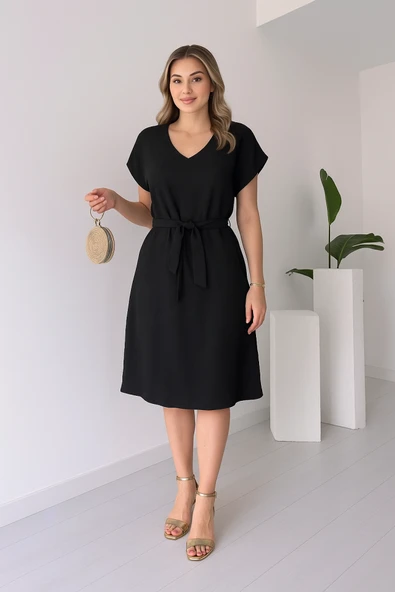 Kadın Kısa Kollu V Yakalı Beli Kuşaklı Ithal Keten Elbise ürün görseli