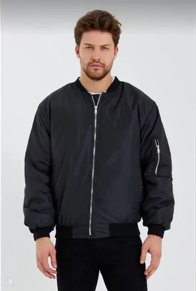 Erkek Düz Bomber Ceket - Siyah - Resim 2