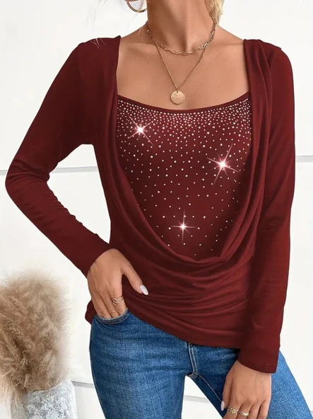 Kadın Uzun Kollu Derin Degaje Yakalı Taşlı Sandy Bluz - Resim 3