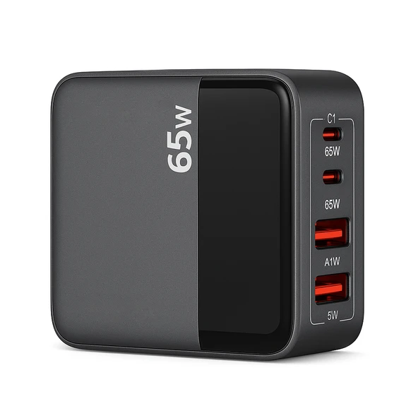 65W Hızlı Şarj Adaptörü 2 Type-C + 2 USB-A Çoklu Port Laptop Telefon Tablet Uyumlu Akıllı Güç Dağıtımı Kompakt Tasarım
