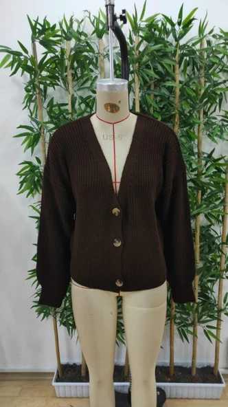 Kadın Uzun Kollu Düğme Detay Triko Hırka - 5