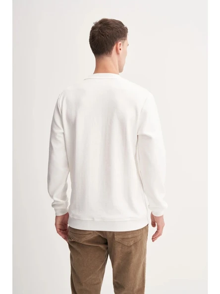 Cazador Premium Ince Desenli Jakar Viskon Karışımlı Regular Fit Sweatshirt Ekru 53520 - Resim 4