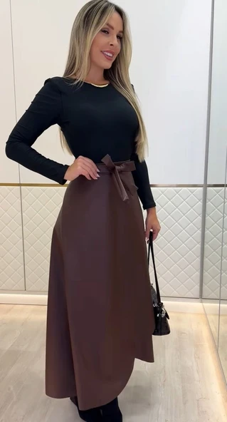 Kadın Belden Kuşaklı Uzun Deri Etek - 3