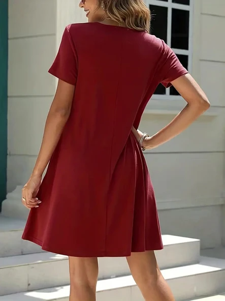 Kadın Kısa Kollu V Yaka önü Düğmeli Viskon Elbise - Resim 2