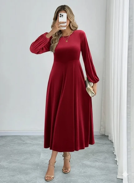 Kadın Uzun Kollu Bisiklet Yaka Midi Kadife Elbise - Resim 4