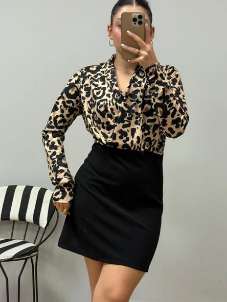 Kadın Uzun Kollu Kruvaze Yakalı üst Dalgıç Alt Ithal Krep Mini Elbise - Resim 4