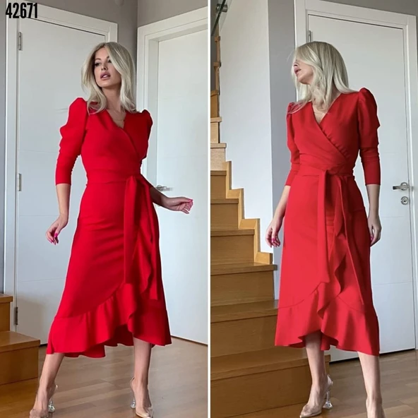 Krep Kumaş Midi Boy Kuşaklı Uzunkol Elbise ürün görseli