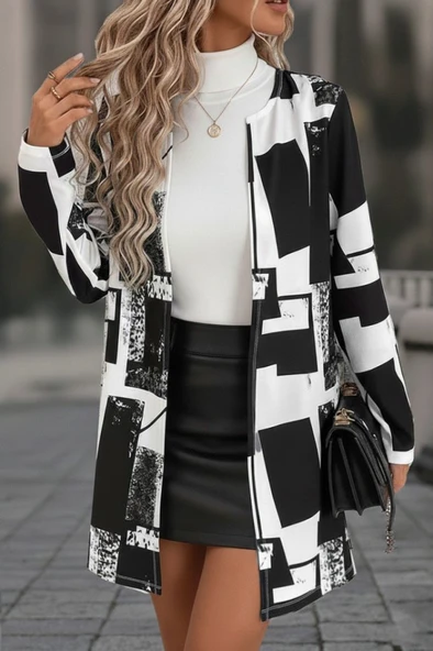 Kadın Uzun Kollu önü Açık Desenli Modal Kısa Ceket - Resim 10