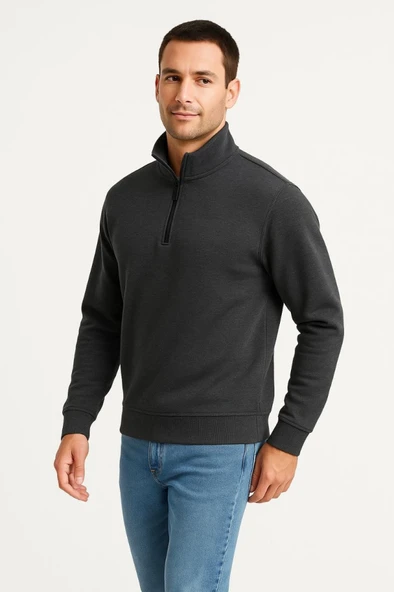 Erkek Dik Yaka Sweatshirt Dik Yaka Yarım Fermuarlı 3 İplik Şardonlu Pamuk Kumaş - Antrasit ürün görseli