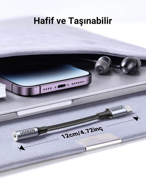 UGREEN MFi Sertifikalı Lightning to 3.5mm Aux Dönüştürücü Adaptör, Siyah, 30756 - Resim 8