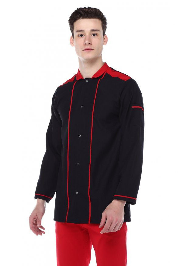 Siyah Kırmızı Aşçı Ceketi,Aşçı İş Elbisesi-AĞCA
