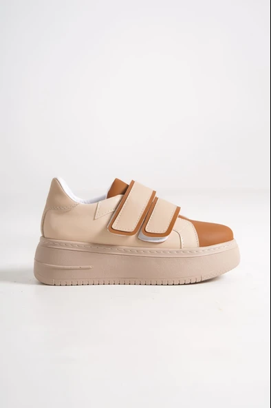 JET-VALENCIA Bağcıksız Cırt Cırtlı Ortopedik Taban Kadın Sneaker Spor Ayakkabı CTT - Ten/Kahve - Resim 6