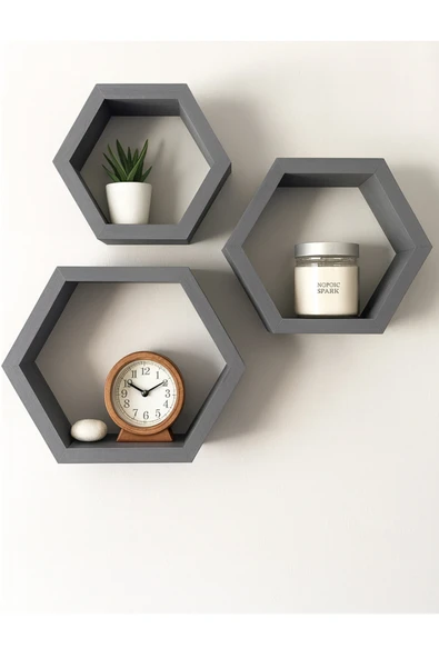 DEMEZLER MOBİLYA Modern Altıgen Ahşap Raf Takımı – 3’lü ürün görseli