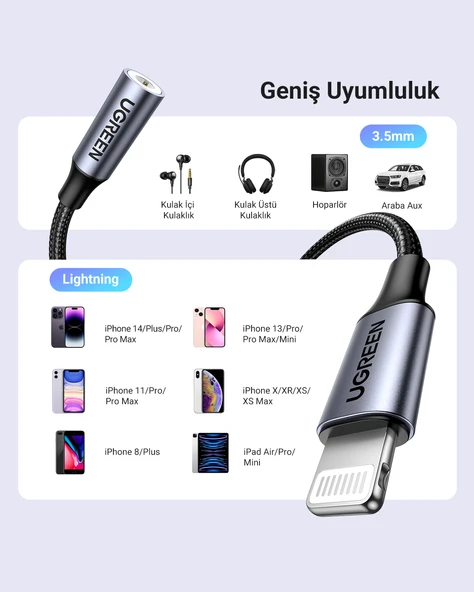 UGREEN MFi Sertifikalı Lightning to 3.5mm Aux Dönüştürücü Adaptör, Siyah, 30756 - Resim 7