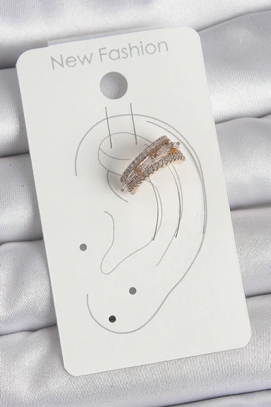 Pirinç Gold Renk Zirkon Taşlı 3'Lü Sıralı Model Kadın Kıkırdak Küpe - 2