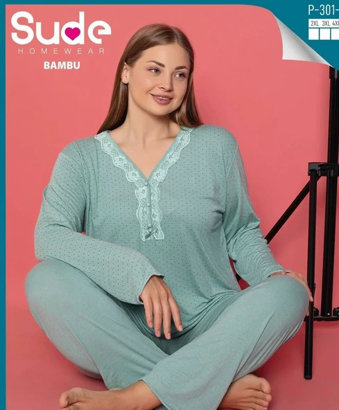 KADIN UZUN KOLLU BAMBU BÜYÜK BEDEN PİJAMA TAKIMI 3XL - 1
