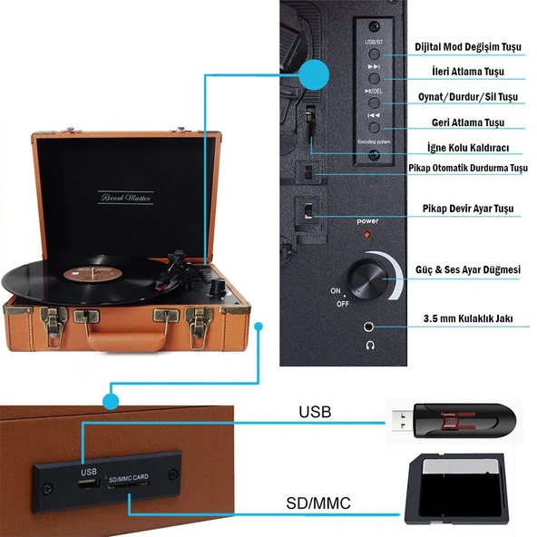T317UB Retro Pikap Kahverengi Bluetooth Şarj Edilebilir - 3