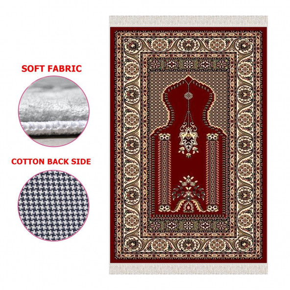 Turkish Muslim Prayer Rug Red & Vintage 80x120cm 2'8''x3'11'' Bamboo Prayer Mat Soft Non-Slip Janamaz Kaaba Praying Mat ( With Tasbeeh Gift ) - 2